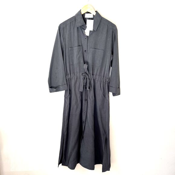 Elle Grey Womens Midi Shirt Dress Gray M Collared Utility Belted Minimalist NWT - Picture 2 of 16